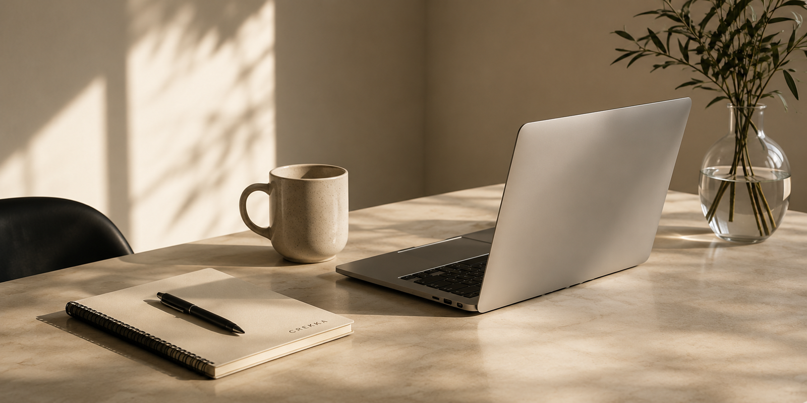 Escritorio de trabajo con laptop, cuaderno CREKKA y planta